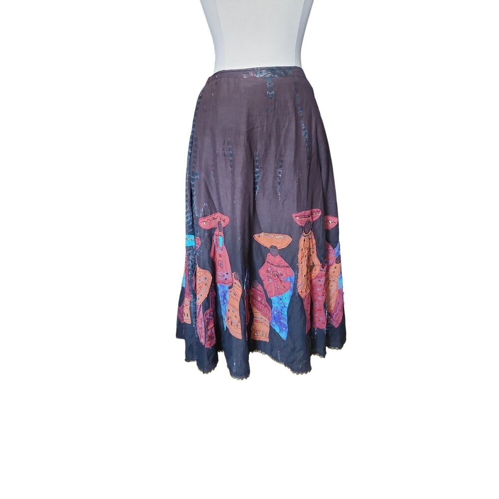 Chico's African Patchwork A-Line Midi Skirt Womens 2 Brown Beaded Bohemian